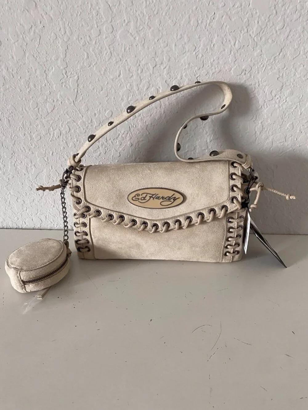 Ed Hardy Jeri Tan Beige Suede Crossbody Bag Studs Zip Closure W/Coin Purse NEW